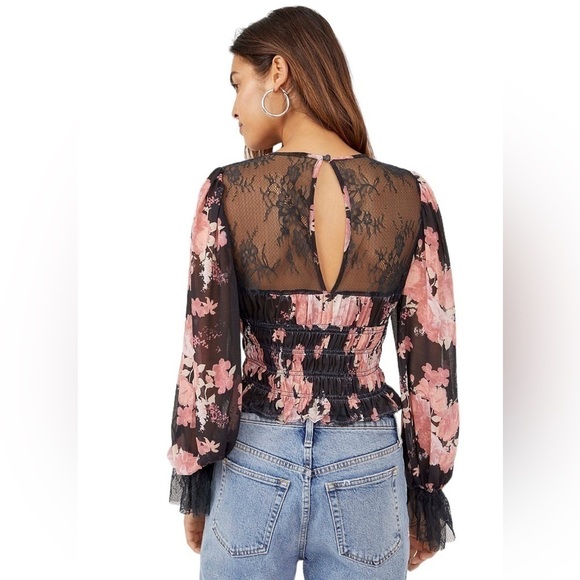 Free People Daphne Blouse in Black Pink Floral Lace Long Sleeve Top Size Small - Picture 3 of 13